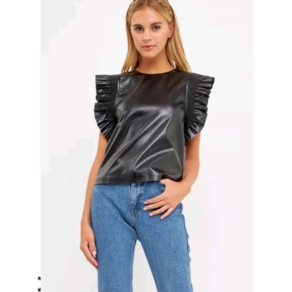 English Factory Faux Leather Ruffle Sleeve Top Size XS Black Vegan Leather